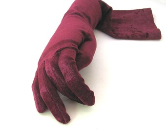 Velvet gloves, vintage burgundy maroon panne stretch fabric, elbow length long, for evening costume