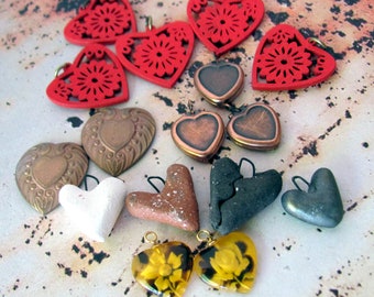 Destash lot, heart lockets charms pendants, 16 pieces, unique jewelry art assemblage unusual craft supplies