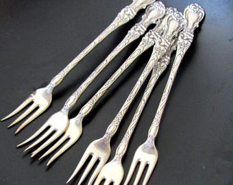 Set of silver cocktail shrimp oyster forks, antique Wallace silverplate, monogram B