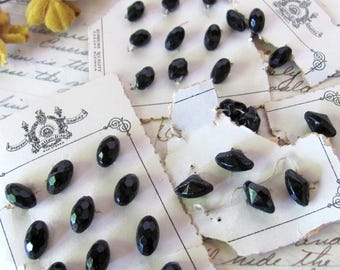 Antique buttons, tiny vintage faceted black glass ovals, Czechoslovakia, 32 count, for sewing, vintage  costume dressmaking, doll clothes