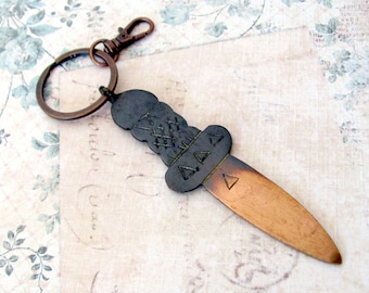 Large dagger keyring, vintage ceremomial dagger, unusual keychain copper key ring with clip