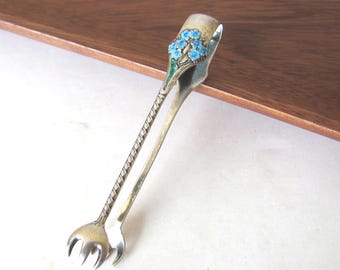 Vintage Gorham Forget Me Not sugar tongs, small sterling silver with blue enamel flowers, monogrammed