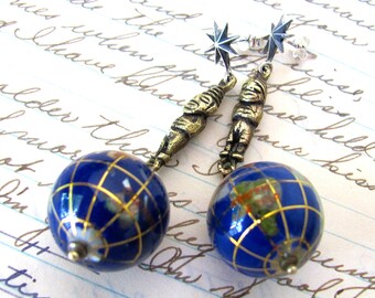 Tribal statement earrings, unusual globe jewelry, unique handmade global citizens one of a kind ooak art jewelry