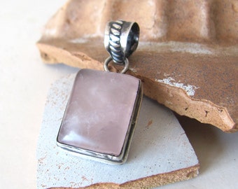 Rose quartz pendant, 925 sterling silver, small pink rectanglular cabochon, large bale, vintage jewelry supplies supply destash