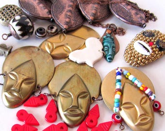 African charm pendant bead jewelry lot, Afro centric craft jewelry making supply destash