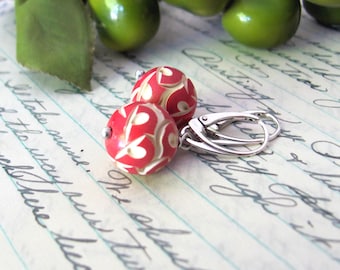 Vintage red carved galalith earrings, 1930s French bead drops on contemporary sterling silver lever backs