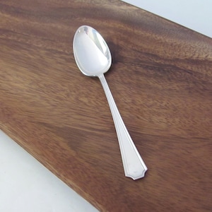May include: A polished silver-toned metal spoon featuring a smooth, oval-shaped bowl and a slender, straight handle that widens slightly toward the base. The handle displays a subtle, clean-lined geometric border design along its edges.