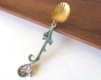 Antique gilt micro mosaic spoon, purple iris flower, souvenir collectible