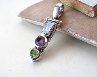 Amethyst, citrine and moonstone pendant in 925 Sterling Silver, vintage gemstone jewelry supplies supply destash