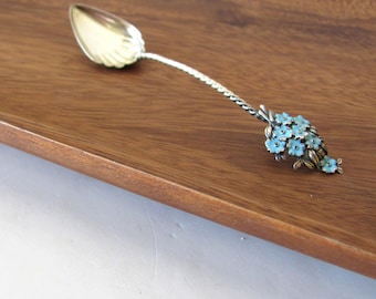Small antique souvenir spoon, Forget Me Nots, sterling silver with blue enamel flowers