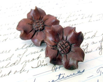 Vintage carved Dogwood flower earrings, stud post, handmade large flowers floral botanical nature jewelry