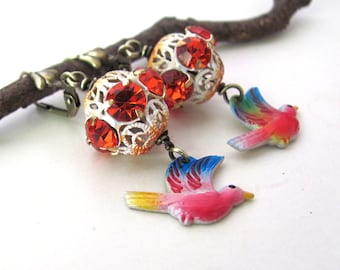Wild and crazy colorful bird earrings, unique vintage retro fun, hand painted Japanese bird dangles with orange rhinestone balls