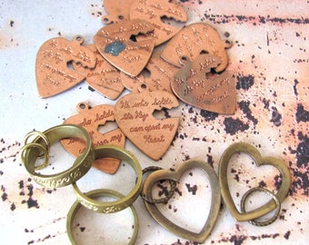 Rustic industrial love charms, heart destash lot, vintage charm, pendants and rings, 15 pieces, art assemblage jewelry supplies