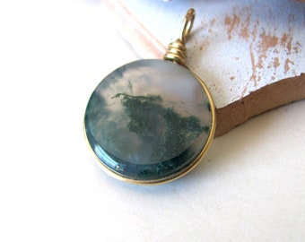 Moss agate pendant, 14K gold wrapped natural stone, artisan made round necklace pendant