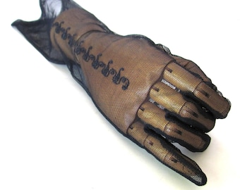 Vintage designer gloves, Giorgio Armani sheer black on black embroidered tulle, below elbow, size 8