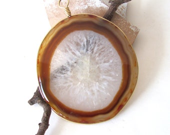 Large artisan made geode slice pendant, 14K gold wrapped boho hippie necklace pendant, natural suncatcher