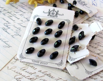 Vintage very small oval black buttons, faceted Czech glass, 32 count, for sewing, antique costume dressmaking, doll clothes