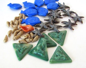 Destash charms lot, 48 pieces, sea fish ocean collection, vintage mermaids, fishes, starfish, sea shells, jewelry making supplies