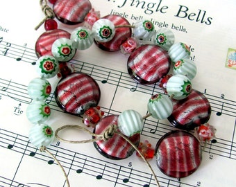 Christmas bead mix, destash lot, over 30 handmade beads, red silver foil, dotted lampwork, red and green stripe chevron cane