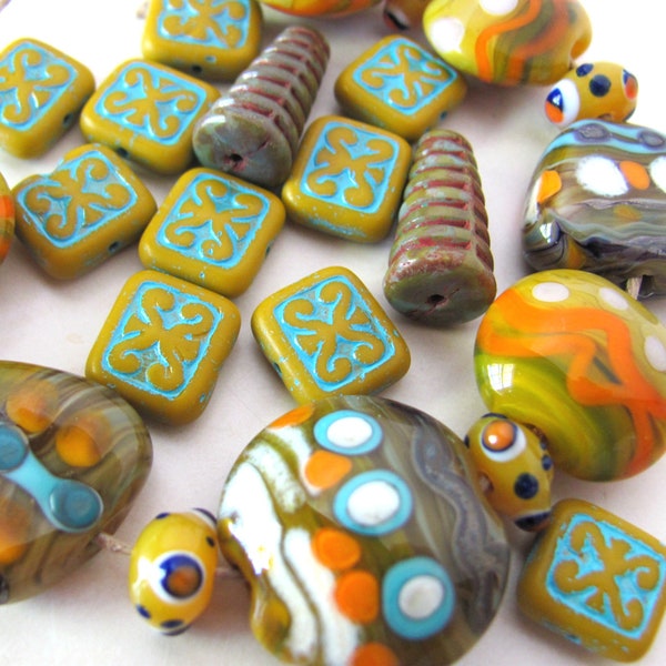 Lampwork beads, coin lentil rondelle spacer square, destash lot of 24 beads, Bohemian findings, jewelry supplies