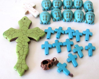Turquoise Religion bead destash lot, 24 pieces, crosses, assorted Christian Buddhist, turquoise magnesite howlite, charms jewelry supplies