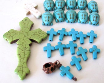 Religious destash lot, beads charms, 24 pieces, stone crosses, assorted Christian Buddhist, turquoise magnesite howlite, jewelry supplies