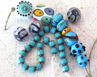 Destash Lampwork bead lot, 11 handmade lamp work beads, shades of blue, plus Czech glass cathedral beads, jewelry supplies