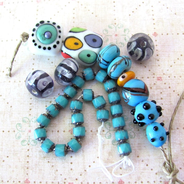 Destash Lampwork bead lot, 11 handmade lamp work beads, shades of blue, plus Czech glass cathedral beads, jewelry supplies