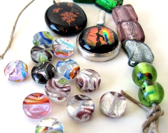 Foiled lampwork bead destash, 21 piece lot of unique handmade beads, dichroic glass pendant, jewerly making supplies