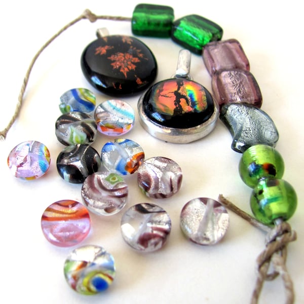 Foiled lampwork bead destash, 21 piece lot of unique handmade beads, dichroic glass pendant, jewerly making supplies