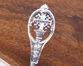 Jerusalem souvenir spoon, small antique collectible marked 800 silver with blue enamel Jerusalem crosses