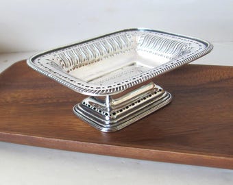 Antique pedestal dish Barker Ellis silver plate, small rectangular, candy, bon bon, Victorian soap dish