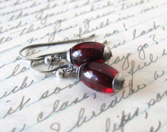 Small cherry Bakelite earrings, vintage translucent red bead dangle on sterling silver, retro jewelry