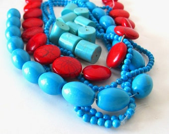 Destash bead lot, turquoise blue red magnesite howlite beads, coins barrels rounds, jewelry supplies