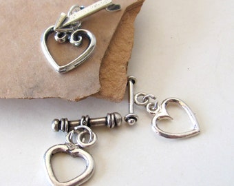 Toggle clasps, hearts, 925 sterling silver, small heart shaped, three set lot, destash craft supplies, findings for jewelry making