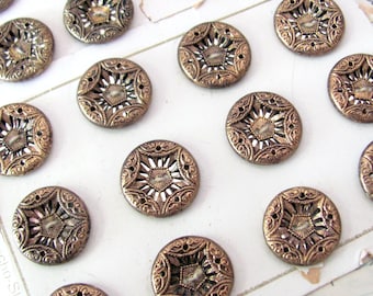 Antique brass filigree buttons, mirrored gold twinkle, Czechoslovakia 19 count, 3/4 inch round