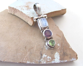 Gemstone Pendant, 925 Sterling Silver, moonstone amethyst citrine, vintage jewelry supplies supply destash