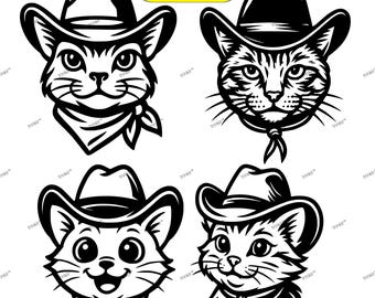 SVG-bundel met cowboykatten: 4 grappige T-shirtontwerpen met countrykatten (digitale download)