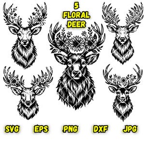 Intricate Floral Deer Head Portraits | Majestic Deer with Flowers Design | Deer Head SVG | Wild Sunflower Clipart | Animal Flower Designs