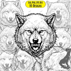 May include: Black and white digital art of a wolf with an angry expression, baring its teeth. The image includes multiple wolf designs, with the text "SVG PNG EPS DXF 10 DESIGNS" in a yellow banner.