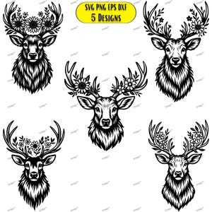 Floral Deer Head SVG: Sunflower Clipart, Animal Flower Designs (Digital Download)