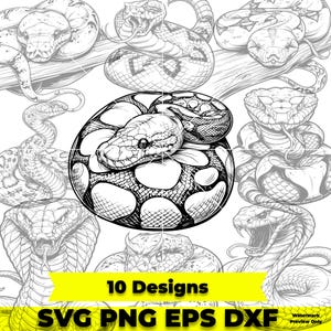 Detaillierte Schlangenporträts im SVG-Format, 10 verschiedene Schlangenarten im Paket, Reptilien-Cliparts, PNG, Schlangen-Tattoos, digitaler Download
