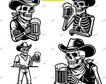 Drunk Cowboy Skeleton SVG Bundle: 4 Western Clipart Designs (Digital Download)