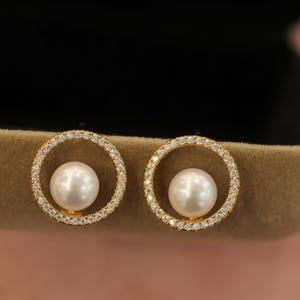 18K Gold Circle Pearl Stud Earrings, AAA Akoya Pearl Bridal Earrings, Minimalist Gold CZ Hoop Studs, Elegant Wedding Jewelry for Bride