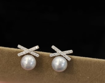 Pendientes de perlas de Akoya, perlas japonesas azules plateadas, pendientes de lazo de plata de ley