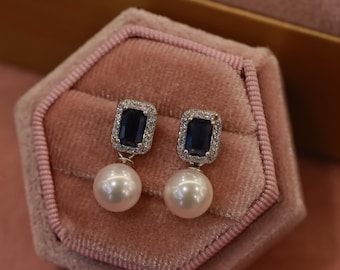 Raridade: Brincos de Pérola Japonesa Akoya com Safira, Pérola de Água Salgada AAA de Alto Brilho, Zircônias Cintilantes, Presente Perfeito para Ela, Joia Atemporal