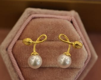 Akoya Pearl Earrings: Sterling Silver Floral Studs, Japanese Saltwater Pearls