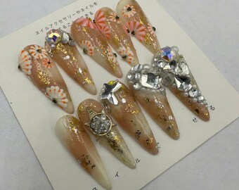 Luxury Coffin Acrylic False Nails | Floral Gem Long Fake Nails