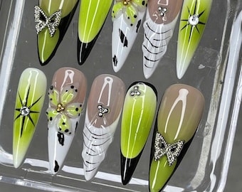 Y2K Press On Nails – Long Coffin Fake Nails with Charms