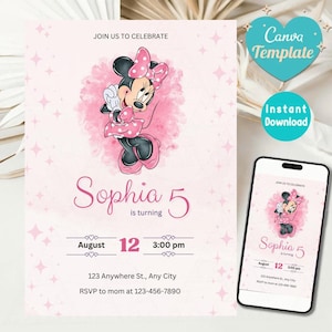 May include: Pink birthday invitation featuring Minnie Mouse. The invitation includes the text "Sophia 5 is turning" with event details: August 12, 3:00 PM, and an RSVP number. A smartphone displays the invitation.